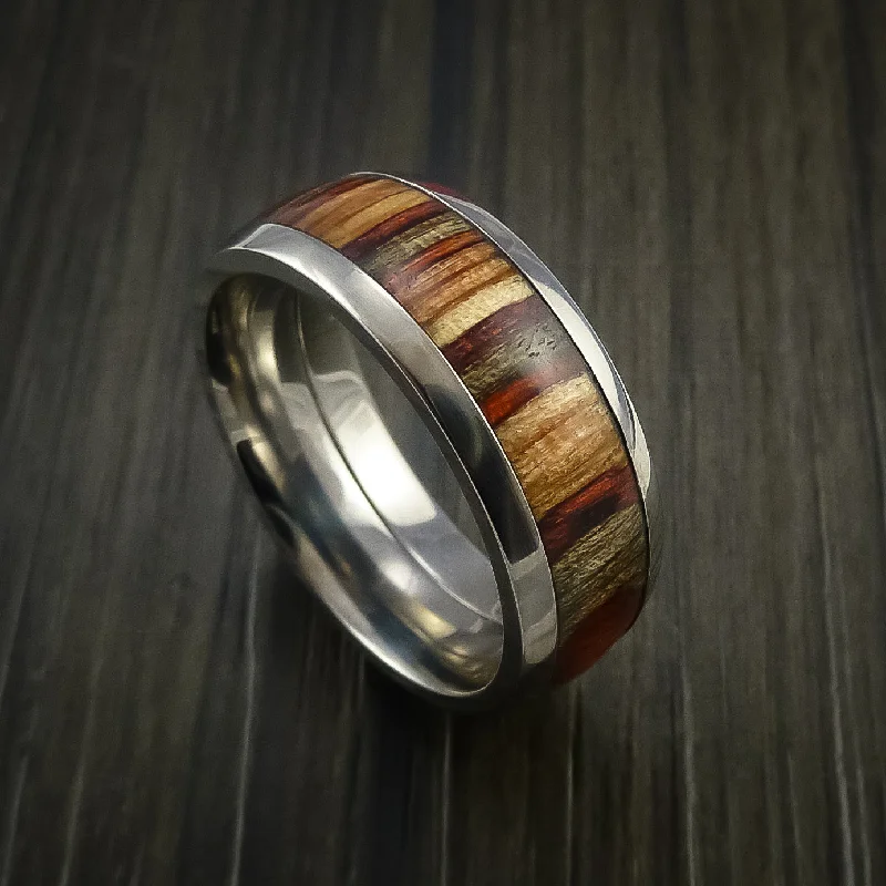 men’s wedding bands with brushed gold and diamond inlays-Titanium Men's Ring with Wood Inlay Custom Made Wedding Band