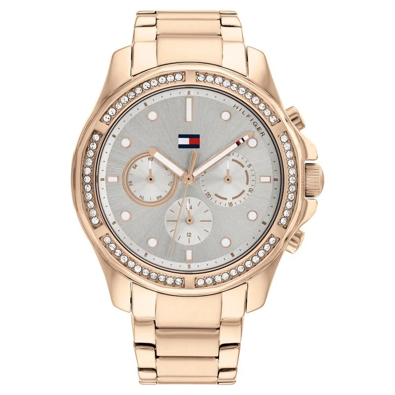 smartwatches with weather apps for adventurers and outdoor lovers-Tommy Hilfiger Quartz Multifunction Grey Dial Stainless Steel Strap Watch For Women