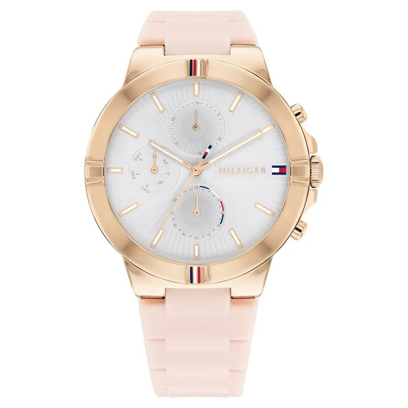 solar-powered watches for hiking and outdoor enthusiasts-Tommy Hilfiger Quartz Multifunction Silver Dial Silicone Strap Watch For Women