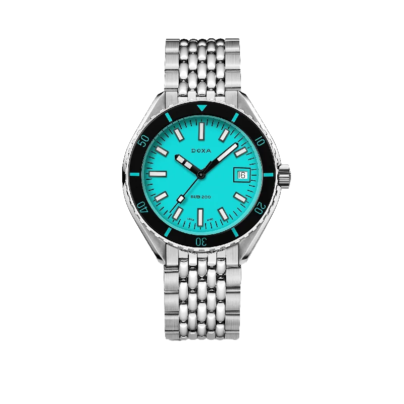 smartwatches with fitness tracking and built-in GPS for runners-DOXA SUB 200 Aquamarine, stainless steel bracelet