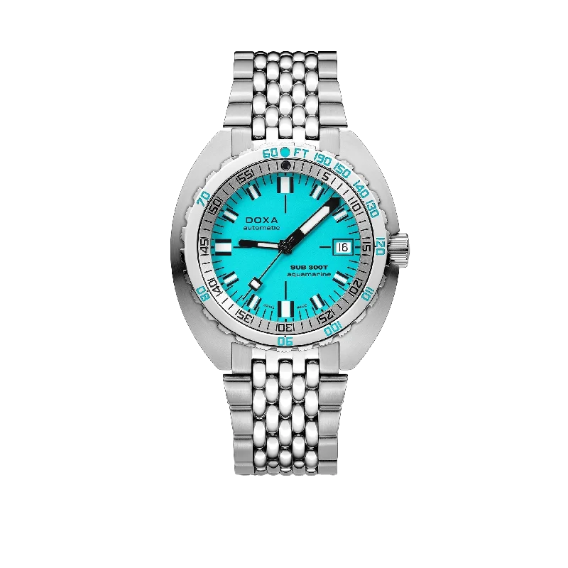 smartwatches with fitness and wellness apps for daily use-DOXA SUB 300T Aquamarine, stainless steel bracelet