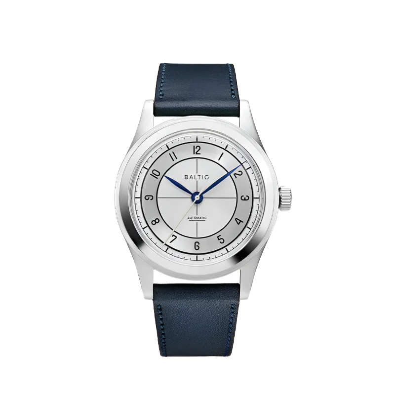 hybrid smartwatches for health-conscious individuals with wellness features-Baltic HMS 002 Silver - Stitched Navy Blue Strap