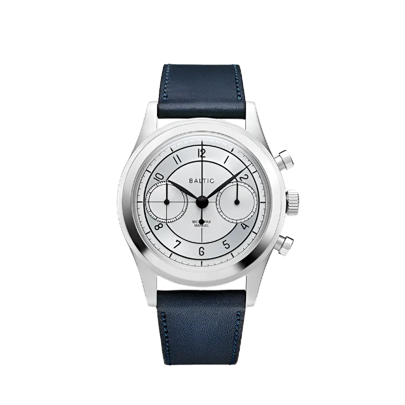 solar-powered watches with eco-friendly materials and designs-Baltic Bicompax 002 Silver - Stitched Navy Blue Strap