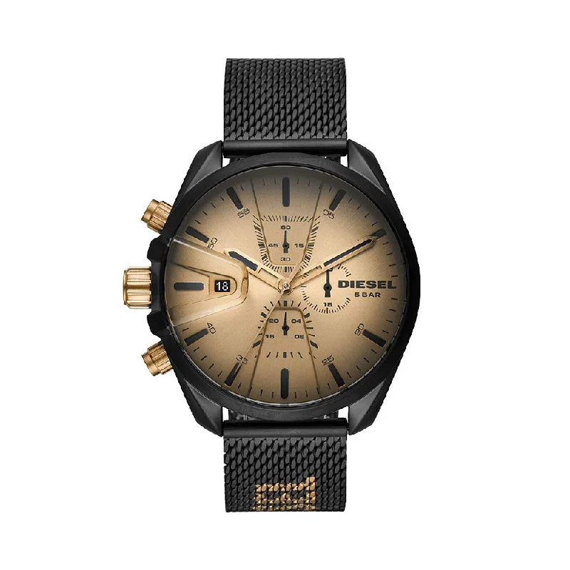 solar-powered watches for outdoor enthusiasts-Diesel Mens MS9 Gold Dial Stainless Steel Chronograph Watch - DZ4517