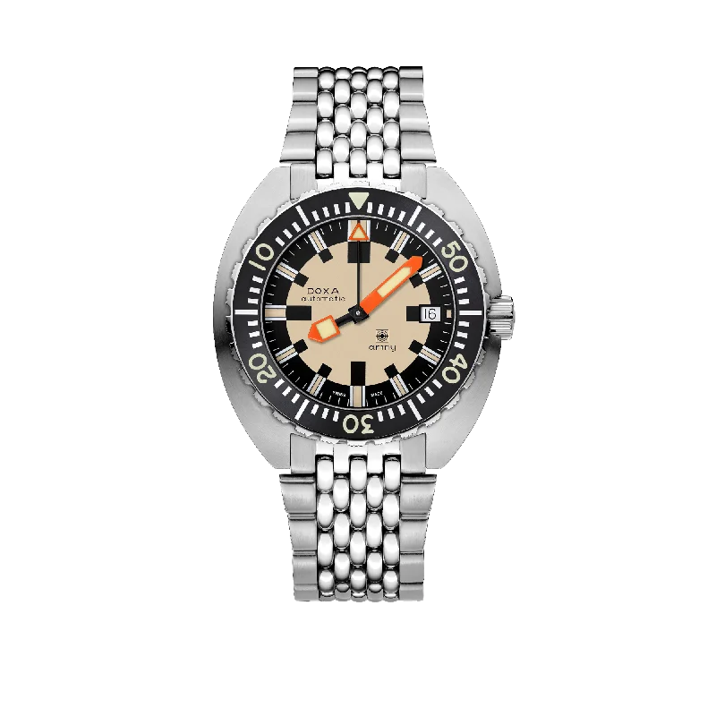 solar-powered watches for active individuals with outdoor adventure features-DOXA Army, stainless steel bezel, stainless steel bracelet