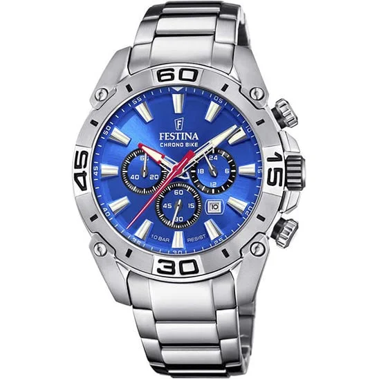 solar-powered outdoor watches with durability and long battery life-Festina Chrono Bike Stainless Steel Chronograph Mens Watch I Model F20543/2 Quartz Movement