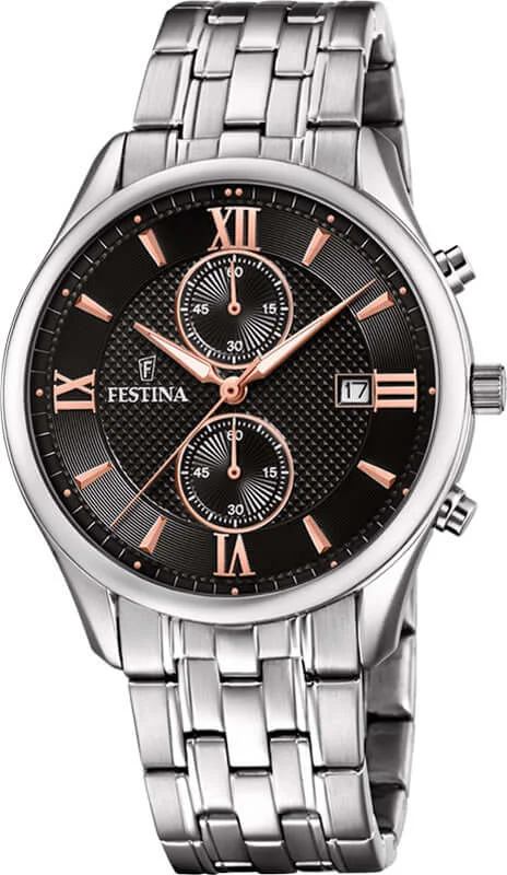 luxury watches for men with mechanical movement and polished design-Festina Timeless Chronograph Stainless Steel Chronograph Mens Watch I Model F6854/7 Quartz Movement