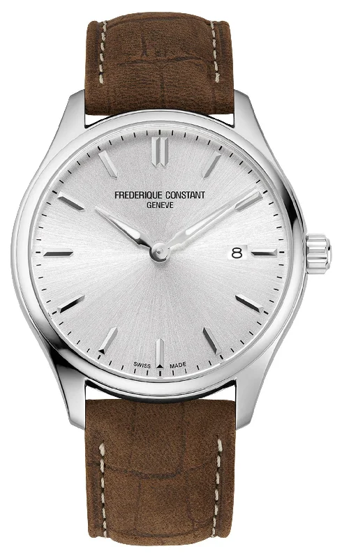 vintage-inspired watches for men with mechanical movements-Frederique Constant Classics Stainless Steel Silver Dial Brown Leather Strap Date Quartz Mens Watch FC-220SS5B6