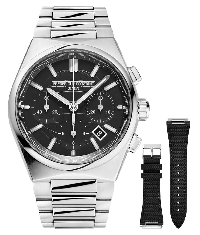 men’s watches with multi-layered dials and precision timing features-Frederique Constant Highlife Automatic Chronograph Stainless Steel Black Dial Interchangeable Black Rubber Strap Date Mens Watch FC-391B4NH6B