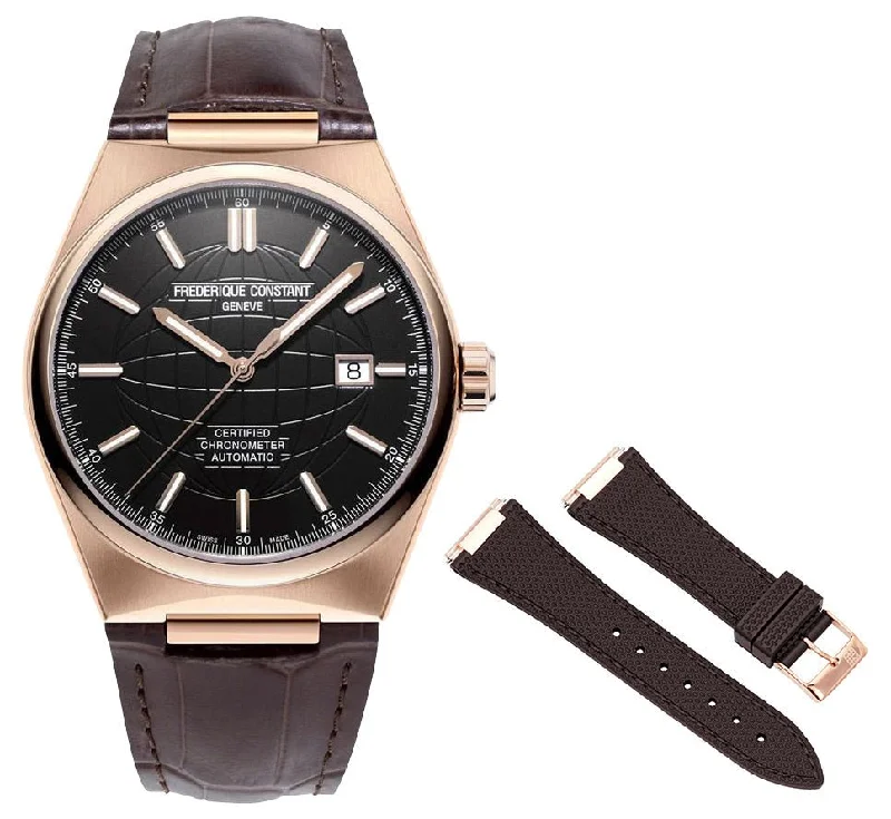 smartwatches with fitness and wellness apps for daily use-Frederique Constant Highlife COSC Automatic Rose Gold Plated Steel Black Dial Brown Leather Strap Interchangeable Brown Rubber Strap Date Mens Watch FC-303B4NH4