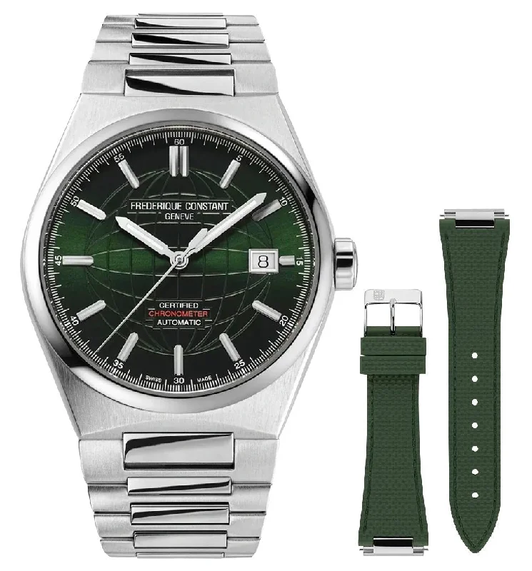 sports watches for women with lap timer and fitness modes-Frederique Constant Highlife COSC Automatic Stainless Steel Green Dial Interchangeable Green Rubber Strap Date Mens Watch FC-303G3NH6B