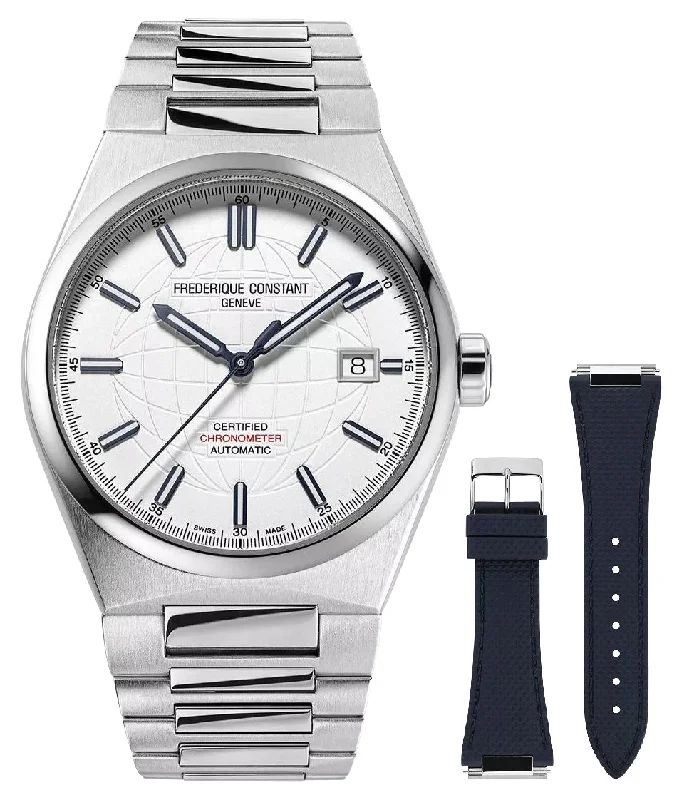 best hybrid watches for fitness tracking and classic aesthetics-Frederique Constant Highlife COSC Automatic Stainless Steel White Dial Interchangeable Blue Rubber Strap Date Mens Watch FC-303S3NH26B