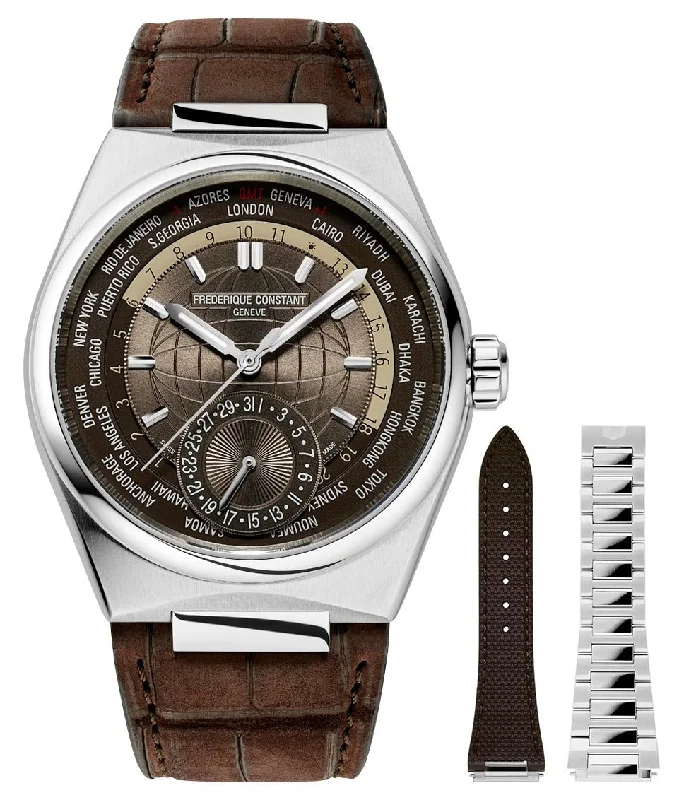 stylish sports watches for men with date and time tracking-Frederique Constant Highlife Worldtimer Manufacture Automatic GMT Brown Dial Brown Leather Strap Interchangeable Brown Rubber/Steel Bracelet Date Mens Watch FC-718C4NH6