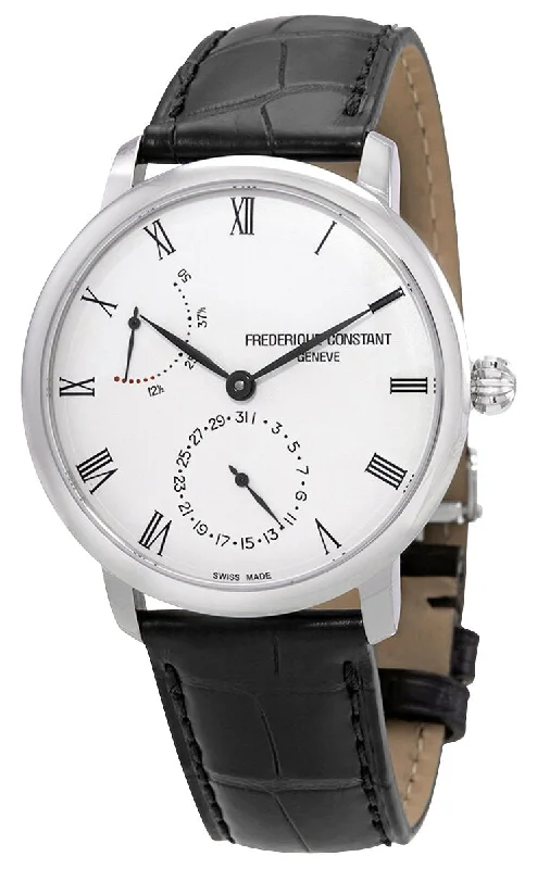 hybrid smartwatches with analog look and digital features-Frederique Constant Slimline Manufacture Power Reserve Automatic Stainless Steel Silver Dial Black Leather Strap Date Mens Watch FC-723WR3S6