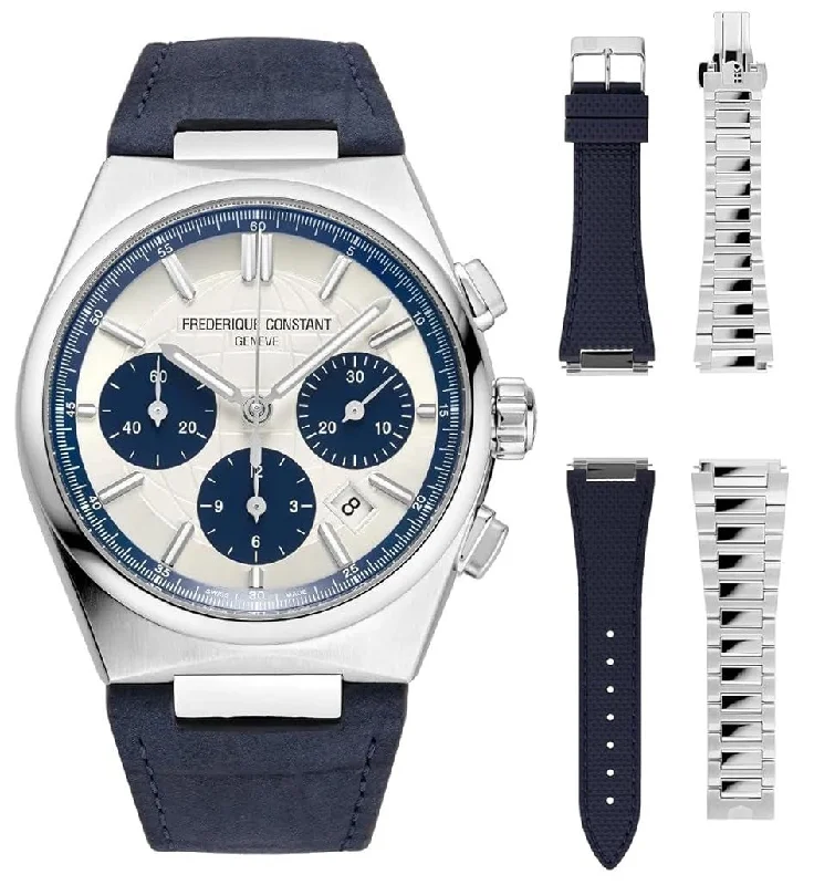 luxury watches for women with ceramic and diamond embellishments-Limited Edition Frederique Constant Highlife Automatic Chronograph Silver Dial Blue Leather Strap Interchangeable Blue Rubber/Steel Bracelet Date Mens Watch FC-391WN4NH6