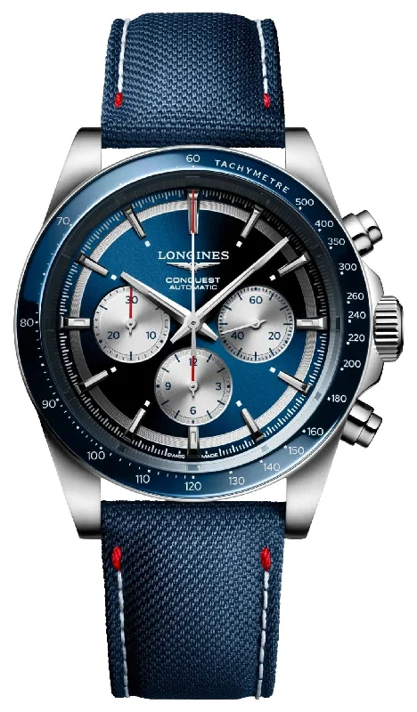 watches for women with gemstone-encrusted dials and elegant designs-Limited Edition Longines Conquest Marco Odermatt Automatic Chronograph Blue Dial Fabric Strap Interchangeable Blue NATO Strap Mens Watch L3.835.4.91.2