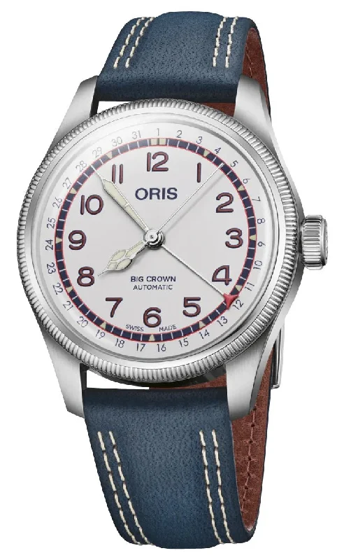 solar-powered watches for hiking and outdoor enthusiasts-Limited Edition Oris Big Crown Pointer Date Hank Aaron Automatic White Dial Blue Leather Interchangeable Textile Strap Mens Watch 754 7785 4081-Set