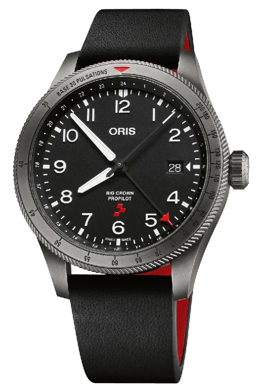 hybrid watches with built-in activity tracker and traditional analog design-Limited Edition Oris Big Crown ProPilot GMT Rega Fleet Automatic Gray PVD Black Dial Black Leather Strap Interchangeable Red Rubber Strap Date Mens Watch 798 7773 4284 HB-ZQN-Set