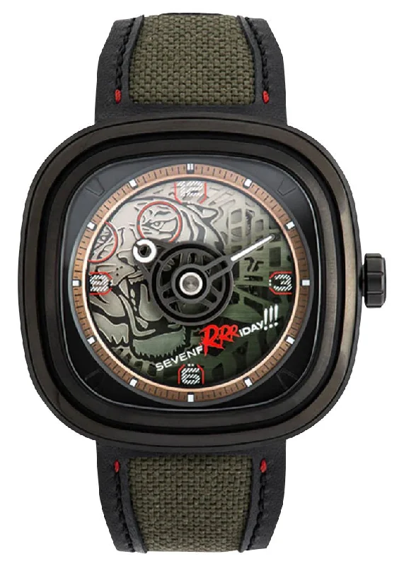 hybrid watches for women with advanced activity tracking and elegant design-Limited Edition SEVENFRIDAY T-Series Green Tiger Automatic Black PVD Green Skeleton Dial Black/Green Leather Strap Mens Watch T3/04