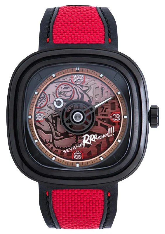 watches for women with elegant designs and gemstone embellishments-Limited Edition SEVENFRIDAY T-Series Red Tiger Automatic Black PVD Red Skeleton Dial Black/Red Leather Strap Mens Watch T3/05