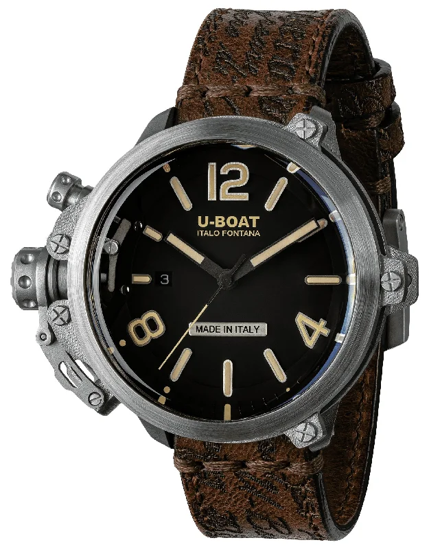 men’s luxury watches with polished steel and leather bands-Limited Edition U-Boat Capsule Automatic Stainless Steel Black Dial Brown Leather Strap Date Mens Watch 8807