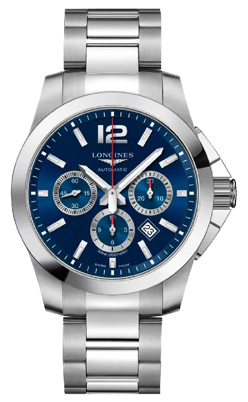 fitness watches with water resistance for swimming and outdoor workouts-Longines Conquest Automatic Chronograph Stainless Steel Blue Dial Date Divers Mens Watch L3.801.4.96.6