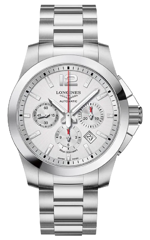 watches for men with digital and analog displays for versatility-Longines Conquest Automatic Chronograph Stainless Steel Silver Dial Date Divers Mens Watch L3.801.4.76.6