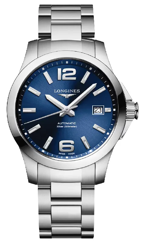 durable diving watches with high-performance water resistance-Longines Conquest Automatic Stainless Steel Blue Dial Date Divers Mens Watch L3.776.4.99.6