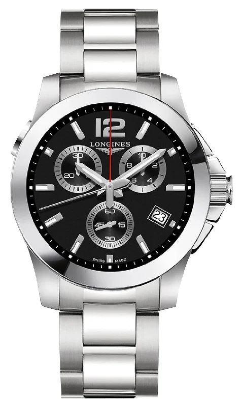 hybrid watches for fitness enthusiasts with long-lasting battery-Longines Conquest Chronograph Stainless Steel Black Dial Date Divers Quartz Mens Watch L3.702.4.56.6