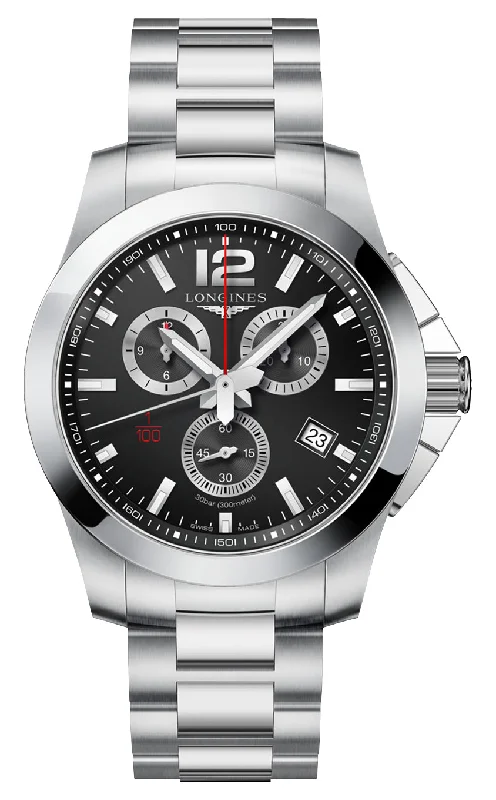 luxury watches with unique design and high-performance movement-Longines Conquest Chronograph Stainless Steel Black Dial Date Divers Quartz Mens Watch L3.800.4.56.6