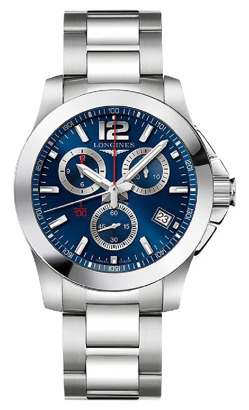 waterproof watches for men with dive-ready functionality-Longines Conquest Chronograph Stainless Steel Blue Dial Date Divers Quartz Mens Watch L3.700.4.96.6