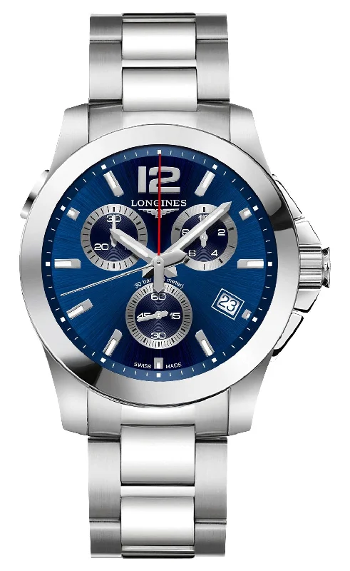 hybrid smartwatches with wellness and activity tracking features-Longines Conquest Chronograph Stainless Steel Blue Dial Date Divers Quartz Mens Watch L3.702.4.96.6