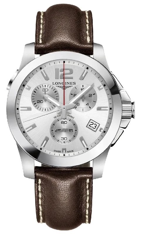 luxury watches for men with mechanical movement and polished design-Longines Conquest Chronograph Stainless Steel Silver Dial Brown Leather Strap Date Divers Quartz Mens Watch L3.702.4.76.5