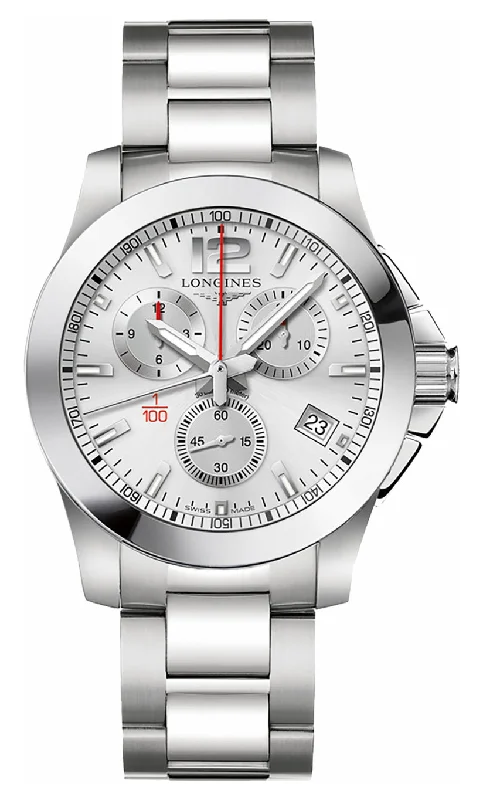 hybrid smartwatches for outdoor enthusiasts with fitness features-Longines Conquest Chronograph Stainless Steel Silver Dial Date Divers Quartz Mens Watch L3.700.4.76.6