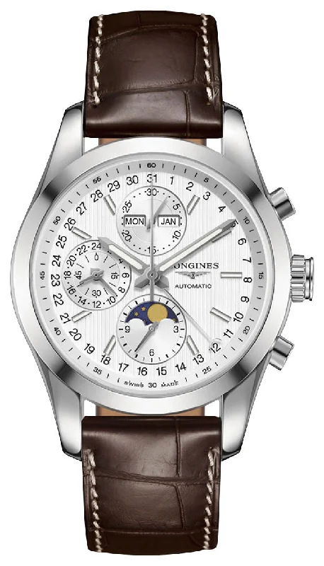 luxury men’s watches with precision quartz movement and steel band-Longines Conquest Classic Automatic Chronograph Moonphase Month/Day/Date Silver Dial Brown Leather Strap Mens Watch L2.798.4.72.3