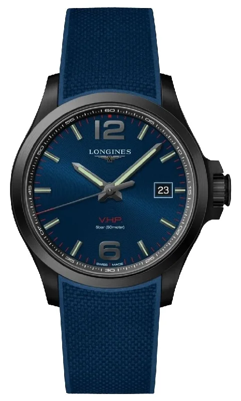 waterproof sport watches for men with built-in pedometer and timer-Longines Conquest V.H.P. Black PVD Blue Dial Blue Rubber Strap Perpetual Calendar Date Quartz Mens Watch L3.726.2.96.9