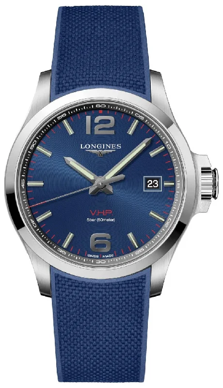 classic leather strap watches for formal occasions-Longines Conquest V.H.P. Stainless Steel Blue Dial Blue Rubber Strap Perpetual Calendar Date Quartz Mens Watch L3.726.4.96.9