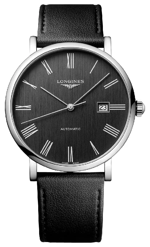 sports watches with digital functions for athletes and adventurers-Longines Elegant Automatic Stainless Steel Dark Gray Dial Black Leather Strap Date Mens Watch L4.911.4.71.2