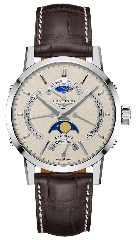 waterproof fitness watches for tracking steps and swim performance-Longines Heritage Classic 1832 Automatic Stainless Steel Beige Dial Brown Leather Strap Retrograde Day/Date GMT Moonphase Mens Watch L4.828.4.92.2