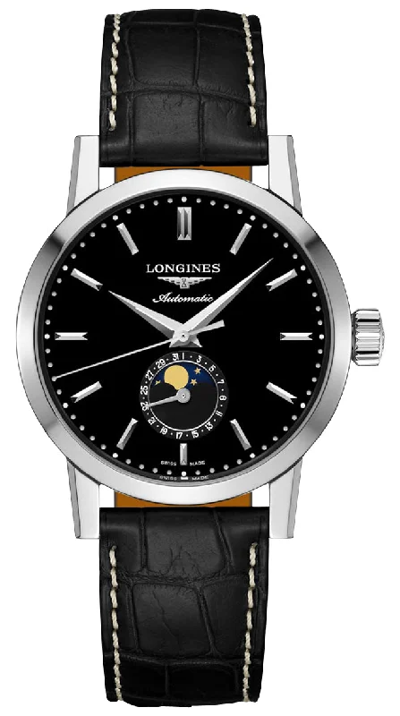 vintage-style watches for men with mechanical movement and leather band-Longines Heritage Classic 1832 Automatic Stainless Steel Black Dial Black Leather Strap Date Moonphase Mens Watch L4.826.4.52.0