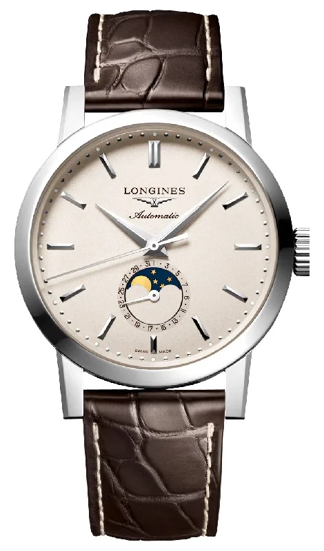 smartwatches for men with fitness tracking and call notifications-Longines Heritage Classic 1832 Automatic Stainless Steel Off-White Dial Brown Leather Strap Date Moonphase Mens Watch L4.826.4.92.2