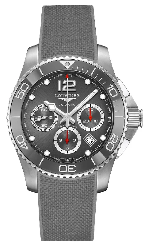 durable watches for outdoor activities with shockproof and water resistance-Longines HydroConquest Automatic Chronograph Stainless Steel Gray Dial Gray Rubber Strap Date Divers Mens Watch L3.883.4.76.9