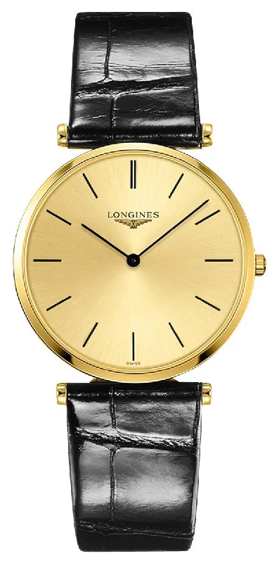 outdoor watches for men with altimeter and pressure sensor-Longines La Grande Classique Yellow Gold PVD Gold Dial Black Leather Strap Quartz Mens Watch L4.755.2.32.2