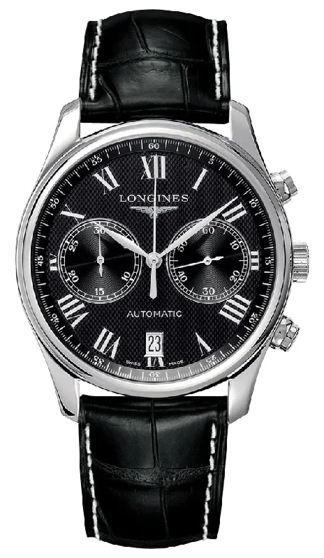 watches for men with digital display and multi-functional features-Longines Master Collection Automatic Chronograph Stainless Steel Black Dial Black Leather Strap Date Mens Watch L2.629.4.51.7