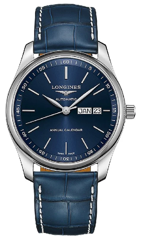 digital watches for athletes with stopwatch, timer, and calorie counter-Longines Master Collection Automatic Stainless Steel Blue Dial Blue Leather Strap Date/Month Mens Watch L2.910.4.92.0