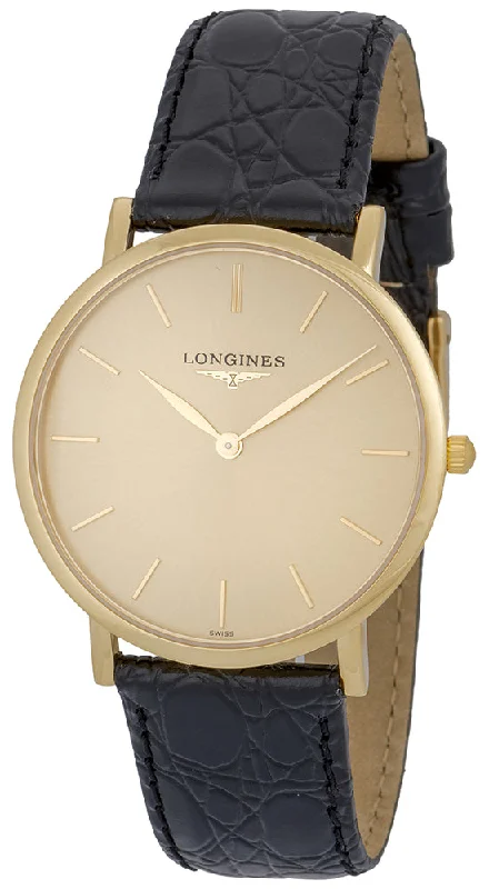 watches with ceramic bands for modern, scratch-resistant design-Longines Presence 18K Yellow Gold L48246322 Black Leather Strap Quartz Mens Watch Gold Tone Dial