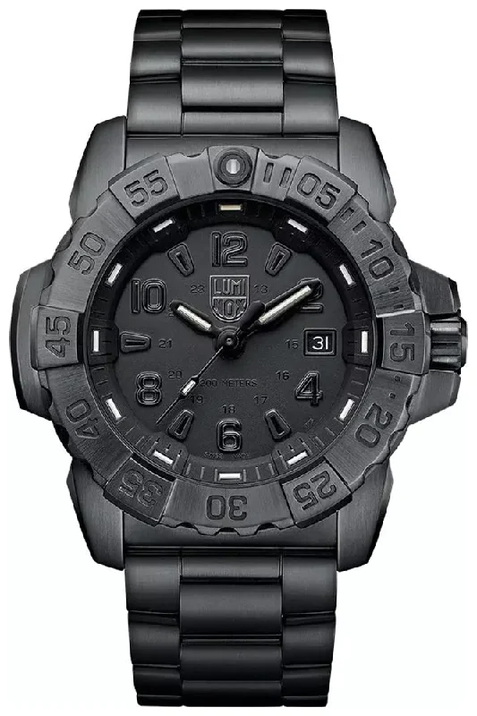 sport watches for men with stopwatch and lap timer functions-Luminox Navy SEAL Black PVD Black Dial Date Divers Quartz Mens Watch XS.3252.BO