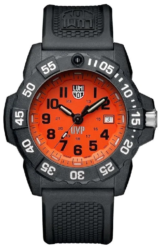 watches with leather straps and classic design for men-Luminox Navy SEAL Scott Cassell UVP CARBONOX Orange Dial Black Rubber Strap Date Divers Quartz Mens Watch XS.3509.SC