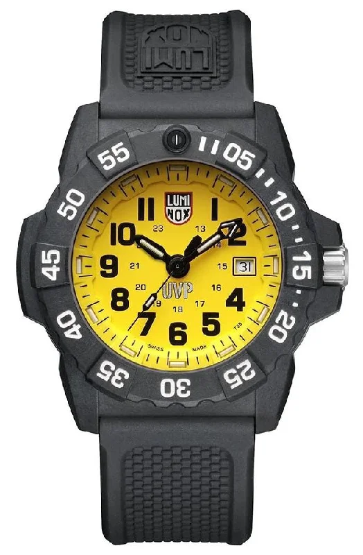 solar-powered watches for outdoor enthusiasts-Luminox Navy SEAL Scott Cassell UVP CARBONOX Yellow Dial Black Rubber Strap Date Divers Quartz Mens Watch XS.3505.SC