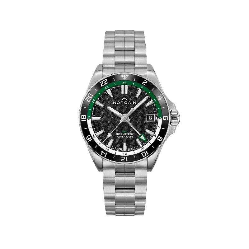 watches for men with rotating bezel for diving and adventure-NORQAIN Adventure NEVEREST GMT Green 41mm - Stainless Steel Bracelet